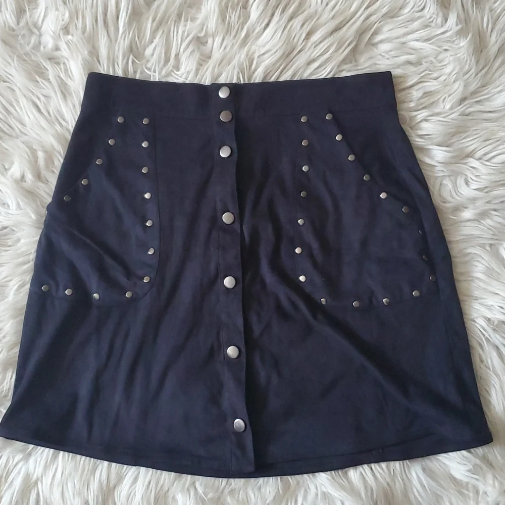 Blue Rain Navy Suede Button-Up Mini Skirt – Size Medium